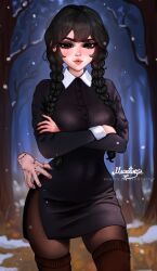 Rule 34 | 1girl, 1other, addams family, alternate breast size, artist name, black dress, black hair, black jacket, black necktie, black skirt, black sweater vest, braid, crossed arms, curvy, dress, forest, highres, jacket, lips, long hair, long sleeves, looking at viewer, meowtastic, nature, necktie, parted lips, shirt, skirt, snowing, standing, sweater vest, thing (addams family), tree, twin braids, wednesday (netflix), wednesday addams, white shirt, wide hips