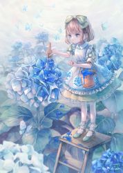 Rule 34 | 1girl, absurdres, alice in wonderland, blue butterfly, blue theme, blush, bow, brown hair, bucket, bug, butterfly, clenched hand, commentary, cotolier risa, dress, english commentary, flower, frilled dress, frills, hair bow, highres, holding, holding paintbrush, hydrangea, bug, ladder, outdoors, paint can, paintbrush, painting (action), rain, shoes, short hair, signature, solo, standing, stepladder, white legwear