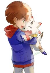Rule 34 | 1boy, amanokawa hiro, blue jacket, brown hair, dated, digimon, digimon (creature), digimon ghost game, fon-due (fonfon), gammamon, green eyes, grey pants, holding digimon, hood, hooded sweater, hug, jacket, long sleeves, male focus, open mouth, pants, red sweater, short hair, signature, simple background, sweater, white background