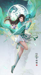 Rule 34 | 1girl, absurdres, bamboo, bird, black hair, bracelet, chinese clothes, chinese text, copyright name, dress, full body, green dress, green footwear, hair ornament, highres, holding, holding sword, holding weapon, jewelry, jian (weapon), logo, long hair, official art, ring, second-party source, shoes, socks, solo, sword, weapon, xianjian qixia zhuan, xianjian qixia zhuan 7, yue qingshu (xianjian qixia zhuan 7)