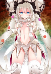 Rule 34 | 1girl, arms behind back, blue eyes, blush, center opening, closed mouth, fate (series), flat chest, from below, gluteal fold, hair between eyes, half-closed eyes, hat, long hair, looking at viewer, marie antoinette (fate), marie antoinette (third ascension) (fate), navel, oouso, shaded face, sidelocks, smile, solo, thighhighs, thighs, white hair, white thighhighs