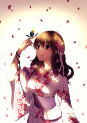 Rule 34 | 1girl, animal, artist name, bracelet, brown eyes, brown hair, bug, butterfly, butterfly on hand, collarbone, flower, hair flower, hair ornament, insect, japanese clothes, jewelry, kimono, light smile, original, petals, rosuuri, sash, smile, solo, wide sleeves