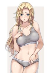 Rule 34 | 1girl, blonde hair, blue eyes, blush, breasts, buruma, collarbone, commentary request, cowboy shot, grey buruma, grey sports bra, highres, hornet (kancolle), jewelry, kantai collection, kuurunaitsu, large breasts, long hair, looking at viewer, navel, parted lips, ring, solo, sports bra, standing