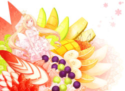 Rule 34 | 1girl, banana, bare shoulders, blonde hair, breasts, cherry, cleavage, crown, dress, finger to mouth, food, frills, fruit, gloves, grapefruit, grapes, in food, jewelry, kiwi (fruit), koto (colorcube), licking lips, long hair, mango, melon, mini person, minigirl, necklace, original, pink dress, sleeveless, sleeveless dress, smile, solo, strawberry, tongue, tongue out, veil, very long hair, watermelon, white gloves, yellow eyes