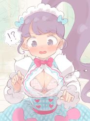 Rule 34 | 1girl, blush, breasts, bursting breasts, buttons, cleavage, dress, embarrassed, high ponytail, highres, hyakumangoku masurao, large breasts, long hair, manaka non, open mouth, popped button, pretty series, pripara, purple eyes, purple hair, red ribbon, ribbon, solo, surprised, tagme, very long hair, wardrobe malfunction