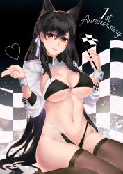Rule 34 | 1girl, absurdres, amami (amami07), animal ears, anniversary, atago (azur lane), atago (stunning speedster) (azur lane), azur lane, bad id, bad pixiv id, bikini, black hair, breasts, brown eyes, brown thighhighs, checkered background, commentary request, extra ears, feet out of frame, high heels, highleg, highleg bikini, highleg swimsuit, highres, huge filesize, large breasts, looking at viewer, mole, mole under eye, race queen, shrug (clothing), sitting, solo, swimsuit, thighhighs, two-tone bikini, umbrella, wariza, white footwear, wolf ears, wrist cuffs