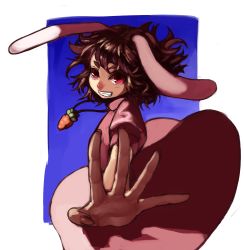 Rule 34 | 1girl, animal ears, bad id, bad pixiv id, brown hair, carrot, clenched teeth, dress, female focus, foreshortening, grin, highres, inaba tewi, kansou samehada, pink dress, rabbit ears, red eyes, short hair, smile, solo, teeth, touhou