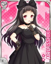 Rule 34 | 1girl, :o, bare shoulders, black bow, black choker, black dress, black gloves, black hair, blush, bow, character name, choker, collarbone, dress, finger to mouth, girlfriend (kari), gloves, hair bow, isshiki airu, long hair, looking at viewer, official art, open mouth, pink background, qp:flapper, red eyes, shushing, side ponytail, tagme