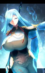 Rule 34 | 1girl, black bodysuit, blue eyes, blue hair, blue theme, bodysuit, breasts, female focus, genshin impact, highres, hip vent, holding, holding weapon, huge breasts, ituki gi, long hair, matching hair/eyes, shenhe (genshin impact), solo, standing, thick thighs, thighs, weapon, wide hips