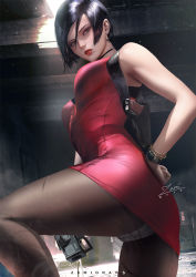 Rule 34 | 1girl, ada wong, artist name, bangle, black hair, bob cut, bracelet, breasts, brown eyes, brown hair, capcom, choker, dress, finger on trigger, gloves, gold, gun, hand on own hip, handgun, holding, holding gun, holding weapon, holster, indoors, jewelry, large breasts, light particles, lips, medium breasts, panties, panties under pantyhose, pantyhose, parted lips, red dress, red lips, resident evil, resident evil 2, resident evil 2 (remake), short dress, short hair, sidelocks, solo, underwear, weapon, white panties, zumi (zumidraws)