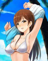 Rule 34 | 10s, 1girl, armpits, arms up, bikini, blue sky, breasts, brown eyes, brown hair, cloud, collarbone, covered erect nipples, day, idolmaster, idolmaster cinderella girls, large breasts, long hair, looking at viewer, nitta minami, o-ring, o-ring top, outdoors, palm tree, parted bangs, shirt, sky, smile, solo, swimsuit, tree, umihal, undressing, upper body, wet, white bikini