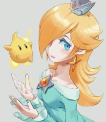 Rule 34 | 1girl, bare shoulders, blonde hair, blue eyes, breasts, closed mouth, crown, dress, earrings, hair over one eye, jewelry, long hair, looking at viewer, lowres, luma (mario), mario (series), nail polish, nemurism, nintendo, rosalina, simple background, solo, star (symbol), super mario galaxy