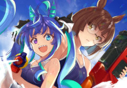 Rule 34 | 2girls, :d, animal ears, bare arms, bare shoulders, blue eyes, blue hair, blue one-piece swimsuit, blue sky, breasts, brown eyes, brown hair, cloud, commentary request, day, glasses, heterochromia, highres, holding, horse ears, ikuno dictus (umamusume), kabocha (monkey4), looking at viewer, multiple girls, one-piece swimsuit, open mouth, outdoors, purple eyes, round eyewear, sharp teeth, sky, small breasts, smile, swimsuit, teeth, twin turbo (umamusume), twintails, umamusume, upper body, v-shaped eyebrows, water, water gun
