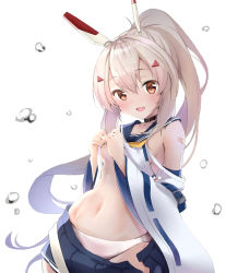 Rule 34 | 1girl, akin (asada0825p), ayanami (azur lane), azur lane, bad id, bad pixiv id, blue sailor collar, blue skirt, blush, breasts, clothes lift, commentary request, crop top, hair between eyes, headgear, high ponytail, long hair, looking at viewer, medium breasts, open mouth, panties, pleated skirt, ponytail, red eyes, retrofit (azur lane), sailor collar, shirt, shirt lift, sidelocks, silver hair, skirt, sleeveless, sleeveless shirt, small breasts, smile, solo, underboob, underwear, white legwear, white shirt, wide sleeves, yellow neckwear