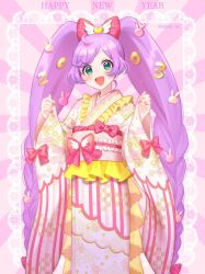 Rule 34 | 1girl, 2023, ahoge, aqua eyes, bow, commentary, english commentary, hair bow, highres, japanese clothes, kimono, long hair, manaka laala, mendamen, obi, open mouth, pink bow, pink kimono, pretty series, pripara, purple hair, sash, smile, solo, swept bangs, twintails, very long hair, wide sleeves, wing hair ornament