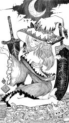 Rule 34 | 1girl, bare shoulders, barefoot, black-painter, crescent, crescent moon, dress, greyscale, hair over one eye, hat, hatching \(texture\), highres, holding, long hair, looking at viewer, monochrome, moon, sarashi, sitting, sword, weapon, wide sleeves, witch, witch hat