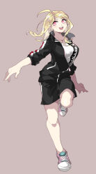 Rule 34 | 1girl, absurdres, ahoge, akamatsu kaede, alternate costume, black jacket, black shorts, black sleeves, blonde hair, breasts, brown background, collarbone, collared jacket, commentary request, cross-laced footwear, danganronpa (series), danganronpa v3: killing harmony, eyelashes, fingernails, full body, high collar, highres, jacket, jersey, large breasts, leg up, light blush, long hair, long sleeves, looking at viewer, mi cha iru, open mouth, outstretched hand, partially unzipped, pink eyes, pink footwear, shirt, shoes, shorts, simple background, sleeves past elbows, sleeves rolled up, smile, sneakers, solo, sportswear, teeth, upper teeth only, white shirt, zipper pull tab