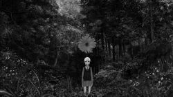 Rule 34 | 1girl, absurdres, bow, bowtie, commentary, cropped legs, daisy, dark, flower, forest, grass, greyscale, hair between eyes, highres, long sleeves, looking at viewer, monochrome, narue, nature, no mouth, no nose, original, outdoors, photo background, pleated skirt, short hair, skirt, sleeves past wrists, solo, standing, sweater vest, symbol-only commentary, tree