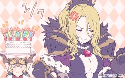 Rule 34 | 2girls, absurdres, anger vein, armor, blonde hair, breasts, cake, candle, christina (princess connect!), cleavage, clenched hand, closed eyes, closed mouth, copyright notice, food, gloves, highres, jewelry, matsuri (princess connect!), multiple girls, necklace, official art, princess connect!, short sleeves, shoulder armor, split mouth, wavy mouth