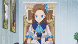 Rule 34 | 1girl, ascot, blue ascot, blue eyes, bow, bracelet, brooch, brown hair, dress, earrings, frown, gloves, hair bow, hair ornament, holding, jewelry, katarina claes, long hair, looking at viewer, quill, screencap, short sleeves, sitting, solo, white gloves