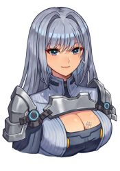 1girl 20060715 absurdres breast_tattoo breasts cleavage cleavage_cutout closed_mouth clothing_cutout cropped_torso ethel_(xenoblade) eyelashes grey_hair hair_intakes highres large_breasts long_hair simple_background smile solo tattoo white_background xenoblade_chronicles_(series) xenoblade_chronicles_3