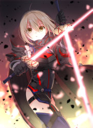 Rule 34 | 1girl, ahoge, armor, artoria pendragon (all), artoria pendragon (fate), black gloves, blonde hair, blurry, blurry background, braid, cape, dual wielding, energy sword, excalibur (fate/stay night), expressionless, fate (series), french braid, gloves, highres, holding, holding weapon, iroha (shiki), long sleeves, mysterious heroine x alter (fate), mysterious heroine x alter (third ascension) (fate), revision, saber (fate), solo, sword, thighhighs, weapon, yellow eyes