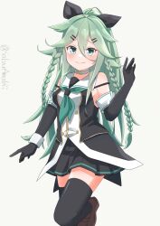 Rule 34 | 1girl, black gloves, black ribbon, black serafuku, black skirt, black thighhighs, blue neckerchief, braid, brown footwear, buttons, commentary request, double-breasted, elbow gloves, gloves, green eyes, green hair, green neckerchief, hair between eyes, hair flaps, hair ribbon, highres, kantai collection, loafers, long hair, looking at viewer, neckerchief, no chi (aka hara), parted bangs, pleated skirt, ponytail, ribbon, school uniform, serafuku, shoes, sidelocks, simple background, skirt, smile, solo, thighhighs, twin braids, white background, wrist cuffs, yamakaze (kancolle), yamakaze kai ni (kancolle)