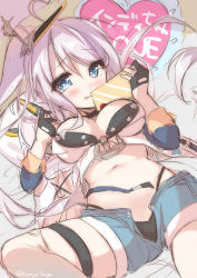 Rule 34 | 1girl, :p, anchor, azur lane, black panties, blue eyes, blue shorts, blush, breasts, cleavage, closed mouth, dakimakura (object), heart, heart-shaped pupils, highres, holding, komiya hitoma, long hair, lying, medium breasts, navel, hugging object, on back, open fly, panties, pillow, pillow hug, portland (azur lane), short shorts, shorts, side ponytail, silver hair, sketch, solo, symbol-shaped pupils, tongue, tongue out, translated, twitter username, underwear, very long hair
