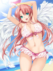 Rule 34 | 1girl, angel, aqua eyes, arms up, ball, beach, beachball, bikini, blush, breasts, cleavage, day, feathers, front-tie top, halo, highres, large breasts, long hair, looking at viewer, monety, open mouth, original, red hair, shiny skin, side-tie bikini bottom, smile, solo, swimsuit, thigh gap, very long hair, white bikini, white wings, wings