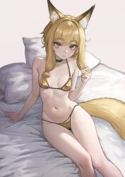 Rule 34 | 1girl, animal ear fluff, animal ears, bikini, black choker, blonde hair, breasts, brown eyes, choker, fox ears, fox girl, fox tail, gold bikini, hair between eyes, looking at viewer, nito (nshtntr), on bed, original, parted lips, pillow, short hair with long locks, simple background, sitting, small breasts, solo, swimsuit, tail