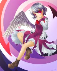Rule 34 | 1girl, ankle boots, arm behind back, boots, covering own mouth, cross-laced footwear, dress, gradient background, highres, jacket, kakiikada, kishin sagume, layered dress, long sleeves, looking at viewer, multicolored background, open clothes, open jacket, red eyes, ribbon, short hair, silver hair, single wing, solo, touhou, wings
