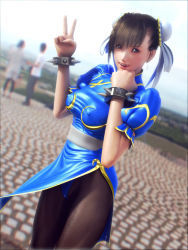 Rule 34 | 1girl, bracelet, breasts, brown eyes, brown hair, brown pantyhose, capcom, chinese clothes, chun-li, covered erect nipples, incise soul, jewelry, pantyhose, street fighter, v