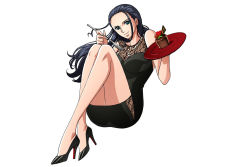 Rule 34 | 1girl, ass, black dress, black hair, blue eyes, breasts, cake, chocolate, cleavage, dress, female focus, food, fork, happy, heels, high heels, hip focus, large breasts, legs, long hair, nico robin, official art, one piece, plate, promotional art, pumps, shoes, simple background, skirt, smile, solo, source request, stiletto heels, sweets, thick thighs, thighs, white background, wide hips