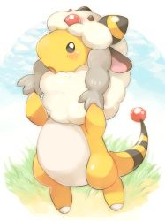 Rule 34 | ampharos, black eyes, blush, commentary request, cosplay, creatures (company), day, full body, game freak, gen 2 pokemon, grass, looking up, mareep, mareep (cosplay), nintendo, no humans, open mouth, outdoors, pokemon, pokemon (creature), signature, solo, tansho, tongue