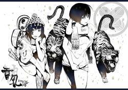 2girls :p bob_cut boots commentary covering_privates greyscale hat kyan-dog monochrome multiple_girls original scarf sitting snake tattoo tiger tongue tongue_out