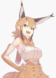 Rule 34 | 1girl, animal ears, bare shoulders, black hair, blouse, blue eyes, blush, bowtie, caracal (kemono friends), cocked eyebrow, cowboy shot, don3, elbow gloves, extra ears, fangs, from below, gloves, hands on own hips, high-waist skirt, kemono friends, light brown hair, multicolored hair, open mouth, shirt, short hair, sidelocks, skirt, sleeveless, solo, sweatdrop, tail, traditional bowtie, white shirt