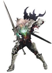 Rule 34 | 1boy, absurdres, armor, armored boots, boots, fate/apocrypha, fate (series), full body, gauntlets, highres, holding, holding sword, holding weapon, konoe ototsugu, male focus, official art, shoulder armor, siegfried (fate), silver hair, solo, pauldrons, sword, transparent background, weapon