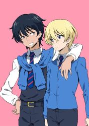 Rule 34 | 2boys, adapted uniform, andou (girls und panzer), arm around neck, bc freedom school uniform, belt, black belt, black hair, black vest, blonde hair, blue eyes, blue neckwear, blue sweater, brown eyes, cardigan, closed mouth, commentary, cowboy shot, dark skin, diagonal stripes, dress shirt, frown, genderswap, genderswap (ftm), girls und panzer, grin, hand on own hip, ken-sya, long sleeves, looking at another, male focus, messy hair, multiple boys, necktie, oshida (girls und panzer), pink background, red neckwear, school uniform, shirt, smile, standing, striped neckwear, sweater, sweater around neck, vest, white shirt, wing collar