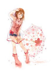 Rule 34 | 1girl, ;d, blue eyes, blue shorts, blush, boots, bow, brown hair, collarbone, floral print, full body, highres, holding, holding umbrella, long hair, long sleeves, marmoset0, one eye closed, open mouth, original, pink bow, pink footwear, pink shirt, raincoat, rubber boots, see-through, shirt, short shorts, shorts, simple background, sleeveless, sleeveless shirt, smile, solo, sparkle, standing, umbrella, water drop, white background