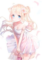 Rule 34 | 1girl, animal ear fluff, animal ears, bag, bare arms, bare shoulders, blonde hair, blue eyes, blush, breasts, cleavage, closed mouth, collarbone, dress, flower, hair flower, hair ornament, highres, holding, holding bag, long hair, looking at viewer, medium breasts, original, peas (peas0125), petals, side ponytail, simple background, sleeveless, sleeveless dress, solo, standing, strap slip, tail, very long hair, white background, white dress, white flower
