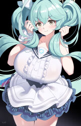 Rule 34 | 1girl, absurdres, alternate hairstyle, artist name, blue archive, blush, breasts, buttons, center frills, closed mouth, collarbone, cosplay, cowboy shot, frills, green hair, hair between eyes, halo, hatsune miku, hatsune miku (cosplay), highres, large breasts, long hair, look-alike, signature, smile, solo, tomid, twintails, vocaloid, yellow eyes, yellow halo, yume (blue archive)