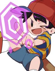 Rule 34 | 1boy, absurdres, baseball cap, black hair, blue eyes, blue shorts, child, haru-cho, hat, highres, male focus, mother (game), mother 2, ness (mother 2), nintendo, open mouth, shirt, short hair, shorts, smile, socks, solo, striped clothes, striped shirt