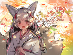 Rule 34 | 1girl, :d, absurdres, animal ear fluff, animal ears, blush, braid, branch, fox ears, fox girl, hair ornament, highres, holding, holding branch, japanese clothes, kimono, long hair, obi, open mouth, original, own hands together, red eyes, ribbon trim, sash, silver hair, sketch, smile, solo, tree, twin braids, white kimono, x hair ornament, yuuji (yukimimi)