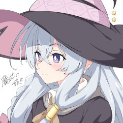 Rule 34 | 1girl, black robe, closed mouth, commentary, crossed bangs, elaina (majo no tabitabi), grey hair, hair between eyes, hat, hat ornament, large hat, light blush, long hair, majo no tabitabi, mochika (mochika 392), purple eyes, robe, simple background, solo, translation request, upper body, white background, witch hat