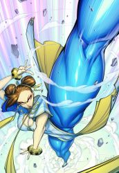Rule 34 | 1girl, absurdres, blue pants, bracelet, breasts, brown hair, capcom, chinese clothes, chun-li, cleavage, cleavage cutout, clothing cutout, crater, double bun, eyeshadow, from above, gofa, hair bun, hair ribbon, high kick, highres, jewelry, kicking, makeup, open mouth, pants, ribbon, serious, solo, split, standing, standing on one leg, standing split, street fighter, street fighter 6, sweat, thick thighs, thighs, tight clothes, tight pants