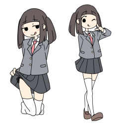 Rule 34 | 1girl, black panties, brown hair, clothes lift, commentary, flat color, juukyuu, kneeling, lifting own clothes, multiple views, naughty face, one eye closed, original, panties, panty peek, school uniform, side-tie panties, side-tie peek, skirt, skirt lift, thighhighs, tongue, tongue out, twintails, underwear, white background, white thighhighs