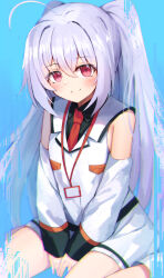 Rule 34 | 1girl, absurdres, ahoge, bare shoulders, between legs, black shirt, blue background, blue hair, blush, closed mouth, collar, collared shirt, commentary, crossed bangs, detached sleeves, dress, feet out of frame, hair between eyes, hand between legs, highres, isla (plastic memories), knees out of frame, light blue hair, long hair, looking at viewer, necktie, nodoameyatou, plastic memories, red eyes, red necktie, shirt, short dress, simple background, sitting, sleeveless, sleeveless dress, smile, solo, straight hair, twintails, upturned eyes, v arms, very long hair, wariza, white collar, white dress, white sleeves