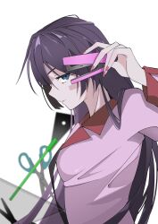Rule 34 | 1girl, arril100, bakemonogatari, black necktie, blue eyes, blurry, blurry background, breasts, collared shirt, commentary, depth of field, from side, hand up, highres, holding, impossible clothes, impossible shirt, long hair, long sleeves, looking at viewer, medium breasts, monogatari (series), naoetsu high school uniform, necktie, parted lips, pink shirt, purple hair, school uniform, scissors, senjougahara hitagi, shadow, shirt, simple background, solo, stapler, stationery, upper body, very long hair, white background