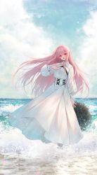Rule 34 | 1girl, :o, absurdres, arm at side, cloud, cloudy sky, collared dress, day, dress, hand up, highres, hololive, hololive english, ijac ray, long dress, long hair, long sleeves, looking at viewer, mori calliope, ocean, open mouth, outdoors, parted lips, pink hair, puffy long sleeves, puffy sleeves, red eyes, revision, sky, solo, very long hair, virtual youtuber, white dress