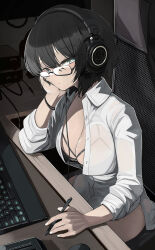 Rule 34 | 1girl, black bra, black hair, blue eyes, bra, breasts, cleavage, collared shirt, dress shirt, genek, headphones, holding, holding pencil, indoors, keyboard (computer), large breasts, looking at viewer, mechanical pencil, original, partially unbuttoned, pencil, see-through, semi-rimless eyewear, shirt, short hair, sitting, sleeves rolled up, solo, underwear, white shirt